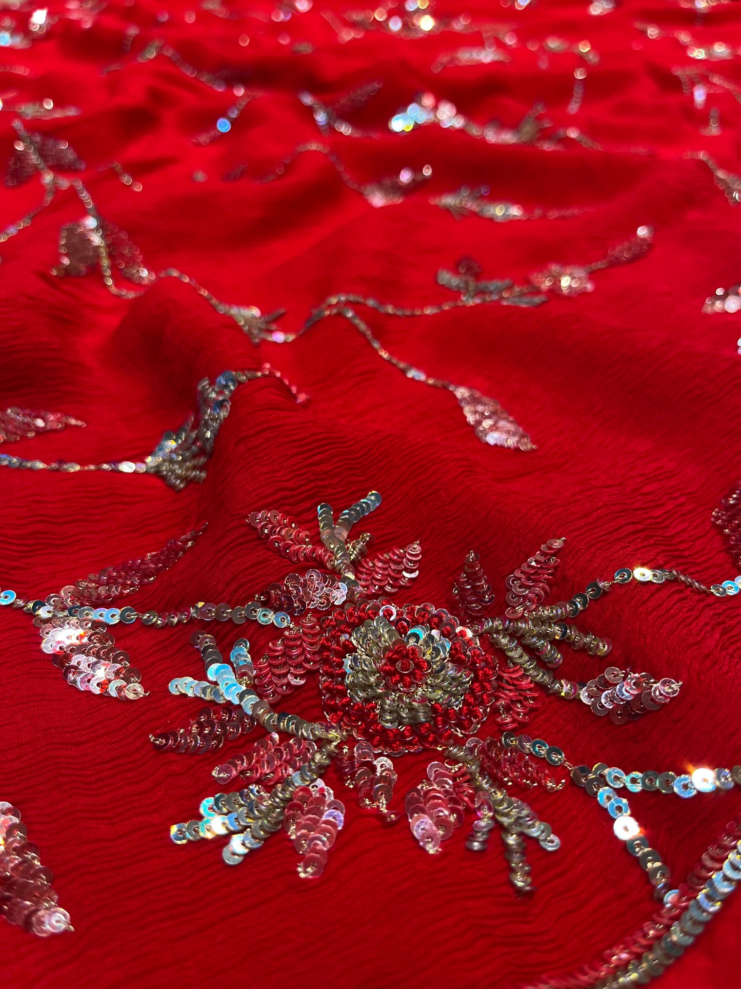 RED COLOUR PURE PLATINUM CHIFFON HAND EMBROIDERED SAREE WITH CREPE SILK BLOUSE EMBELLISHED WITH SEQUINS WORK