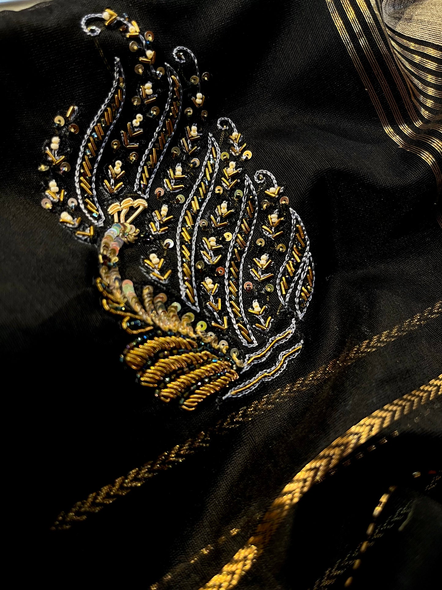 BLACK COLOUR MAHESHWARI HAND EMBROIDERED SAREE EMBELLISHED WITH ZARDOZI WORK & ZARI BORDER - Kothari Sons