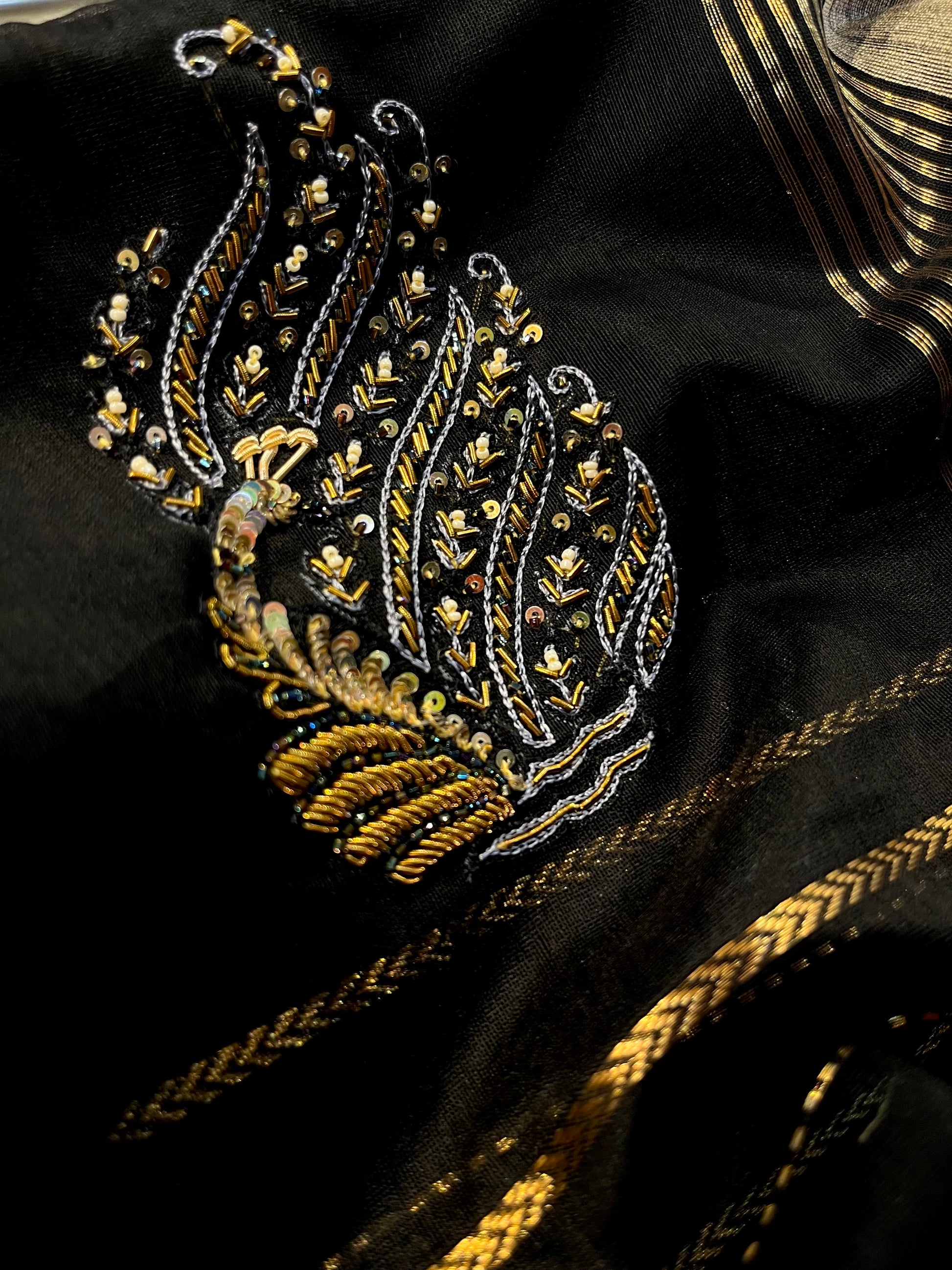 BLACK COLOUR MAHESHWARI HAND EMBROIDERED SAREE EMBELLISHED WITH ZARDOZI WORK & ZARI BORDER - Kothari Sons