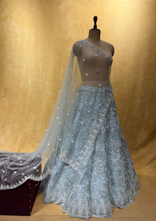 PASTEL BLUE ORGANZA HAND EMBROIDERED DESIGNER  LEHENGA WITH UNSTITCHED BLOUSE & NET DUPATTA EMBELLISHED WITH BEADS & SEQUINS WORK