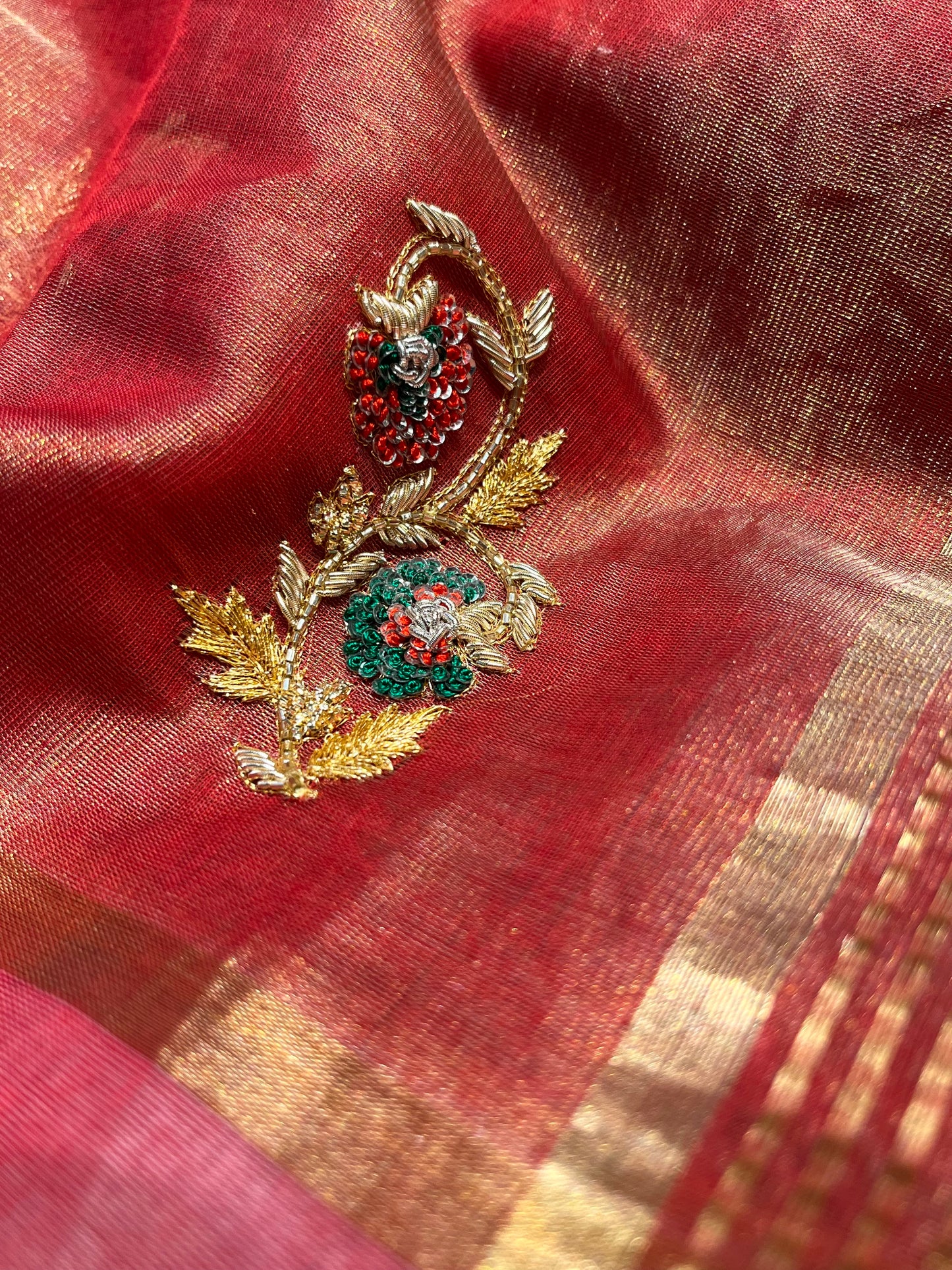 RUST COLOUR CHANDERI TISSUE HAND EMBROIDERED SAREE EMBELLISHED EITH SEQUINS & ZARDOZI WORK