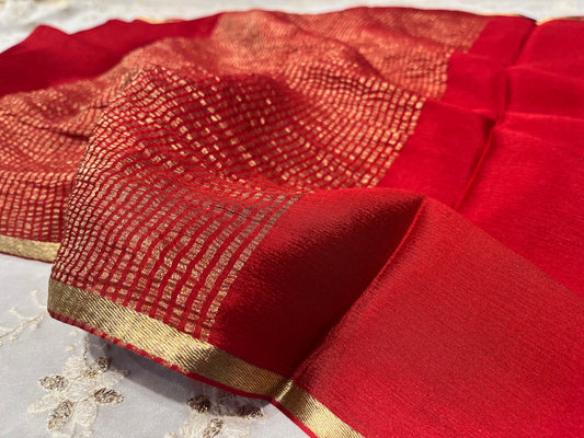 RED COLOUR PURE CHIFFON SAREE WITH ZARI BORDER