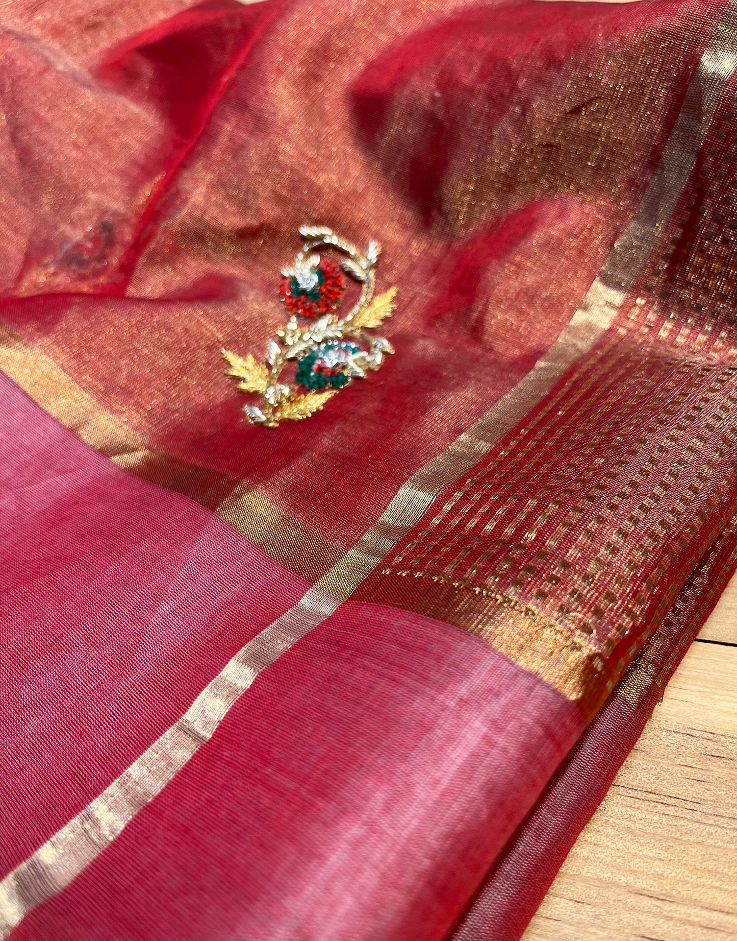 RUST COLOUR CHANDERI TISSUE HAND EMBROIDERED SAREE EMBELLISHED EITH SEQUINS & ZARDOZI WORK