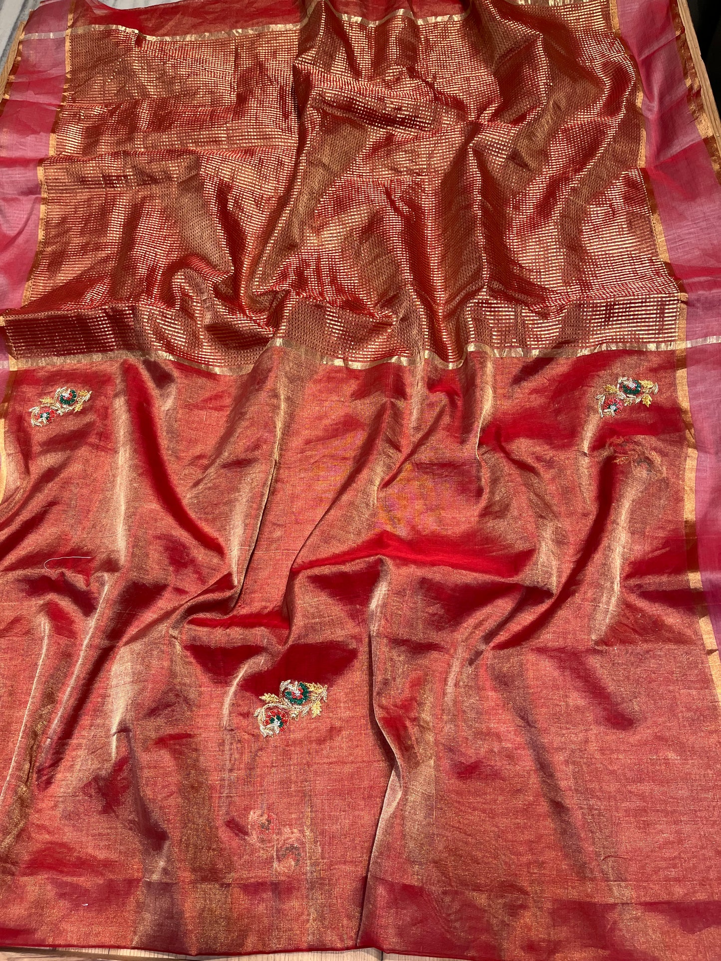 RUST COLOUR CHANDERI TISSUE HAND EMBROIDERED SAREE EMBELLISHED EITH SEQUINS & ZARDOZI WORK