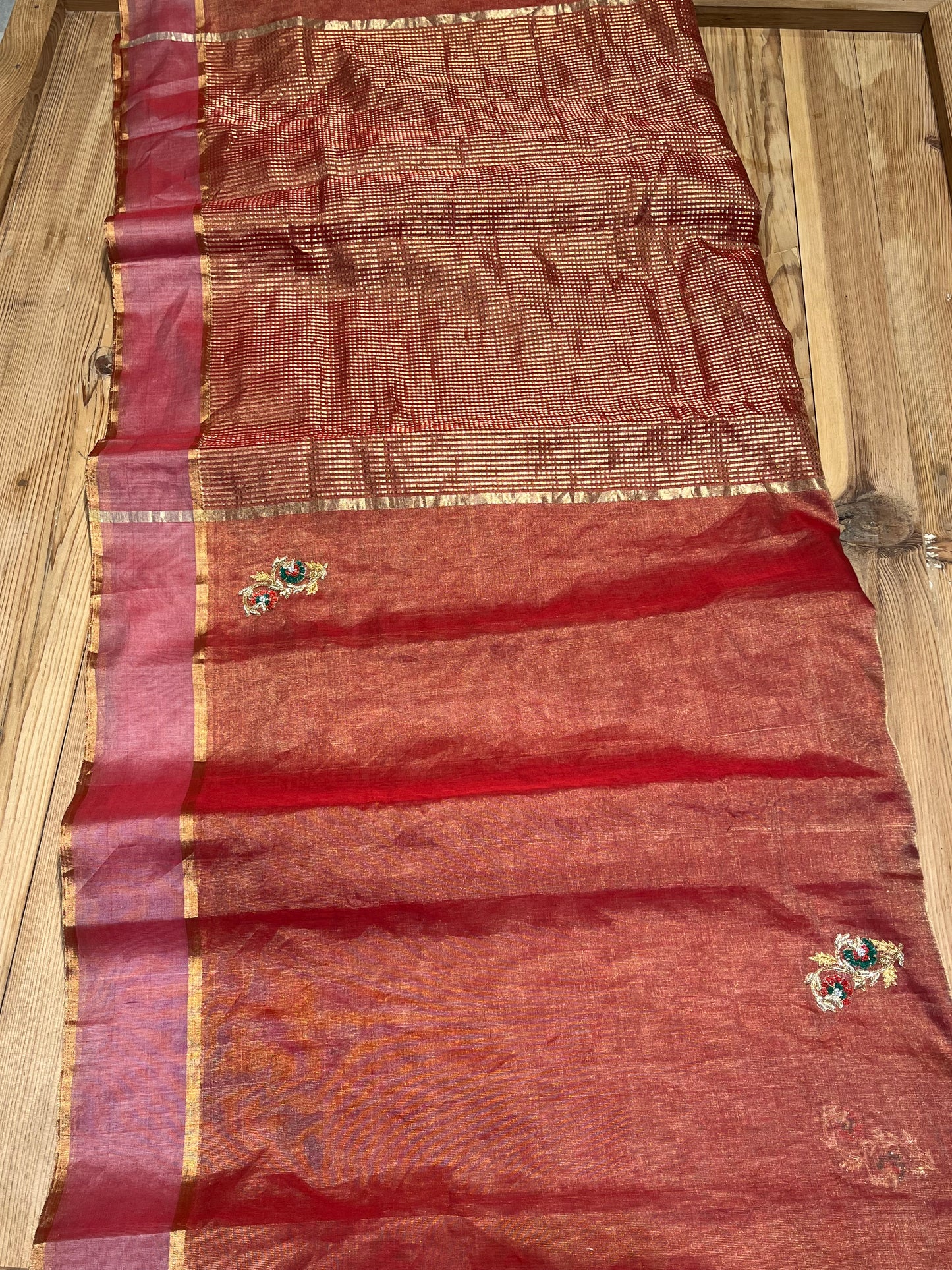 RUST COLOUR CHANDERI TISSUE HAND EMBROIDERED SAREE EMBELLISHED EITH SEQUINS & ZARDOZI WORK