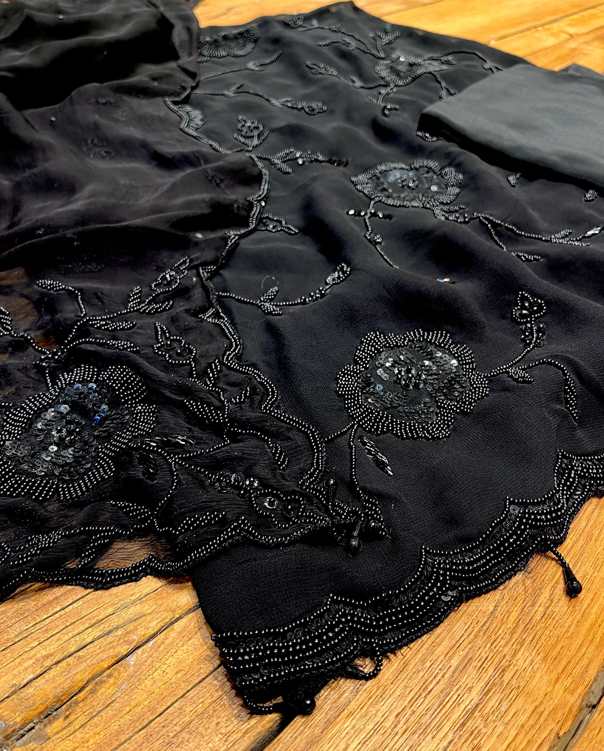 BLACK COLOUR GEORGETTE EMBROIDERED UNSTITCHED SUIT WITH CHIFFON DUPATTA EMBELLISHED WITH BEADS & SEQUINS WORK - Kothari Sons
