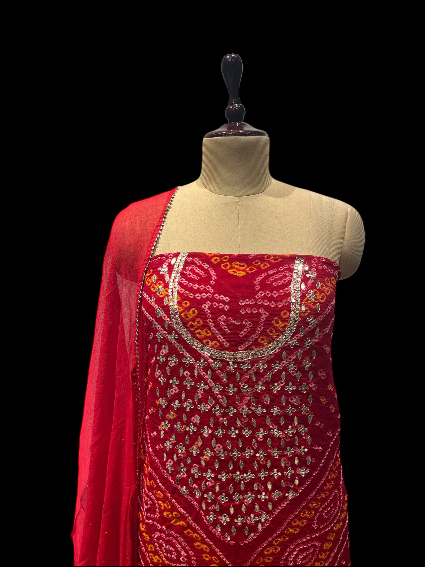 RED BANDHANI UNSTITCHED SUITH WITH GOTA PATTI EMBROIDERY