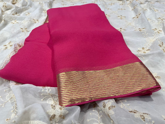 PINK COLOUR PURE CHIFFON SAREE WITH ZARI BORDER