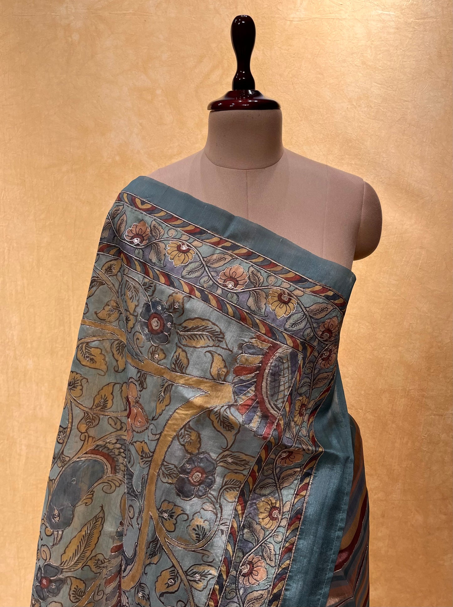 STEEL BLUE COLOUR ART TUSSAR SILK SAREE EMBELLISHED WITH KASAB & SEQUINS WORK