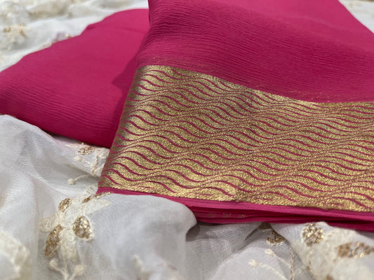 PINK COLOUR PURE CHIFFON SAREE WITH ZARI BORDER