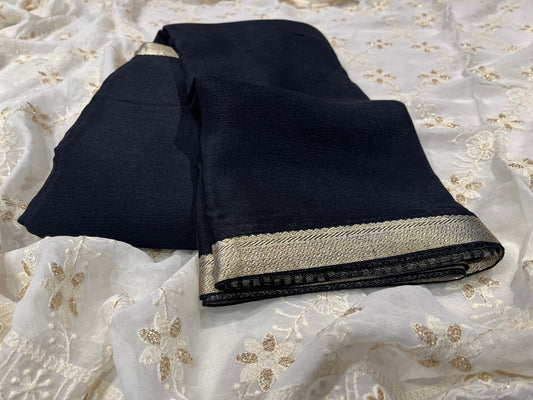 ( DELIVERY IN 25 DAYS ) BLACK COLOUR PURE CHIFFON SAREE WITH ZARI BORDER