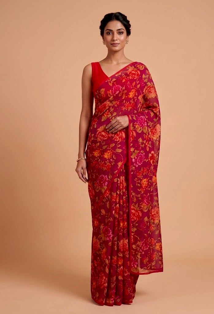 MAGENTA COLOUR PURE PLATINUM CHIFFON FLORAL PRINTED SAREE WITH CREPE SILK BLOUSE - Kothari Sons