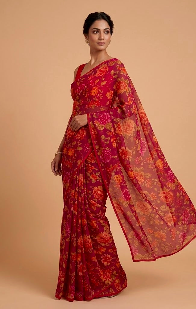 MAGENTA COLOUR PURE PLATINUM CHIFFON FLORAL PRINTED SAREE WITH CREPE SILK BLOUSE - Kothari Sons