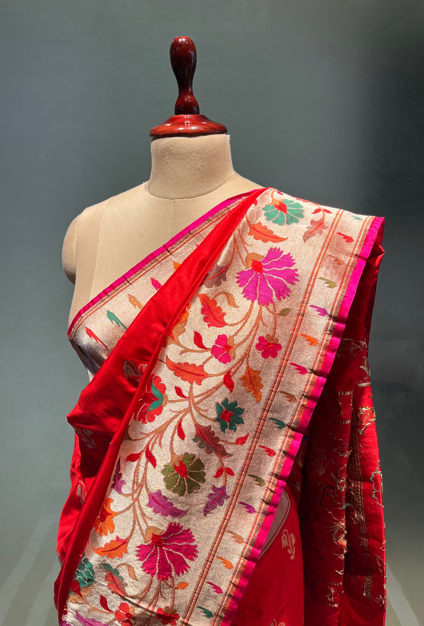 RED COLOUR PURE SILK PAITHANI SAREE EMBELLISHED WITH ZARI WEAVES