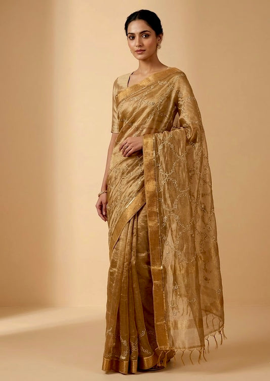 GOLDEN COLOUR MACLINO HAND EMBROIDERED SAREE EMBELLISHED WITH ZARDOZI & SEQUINS WORK ( DELIVERY IN 25-30 DAYS ) - Kothari Sons