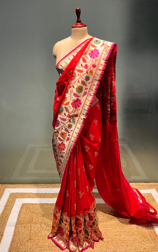 RED COLOUR PURE SILK PAITHANI SAREE EMBELLISHED WITH ZARI WEAVES