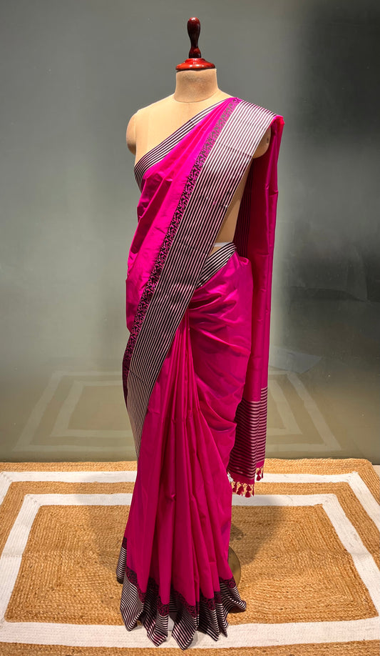 RANI COLOUR PURE KATAN SILK SAREE WITH RESHAM STRIPES BORDER