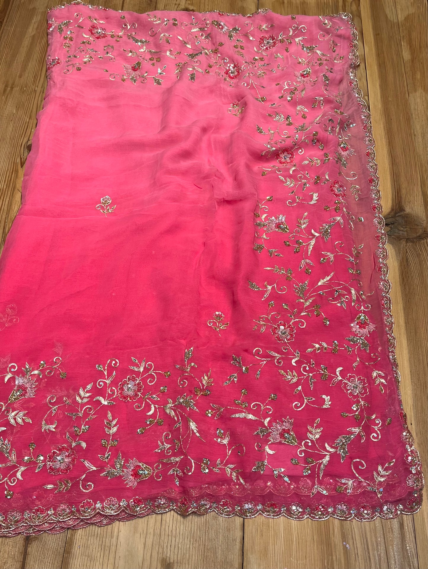 PINK SHADED CHIFFON EMBROIDERED SAREE EMBELLISHED WITH SEQUINS & AARI WORK