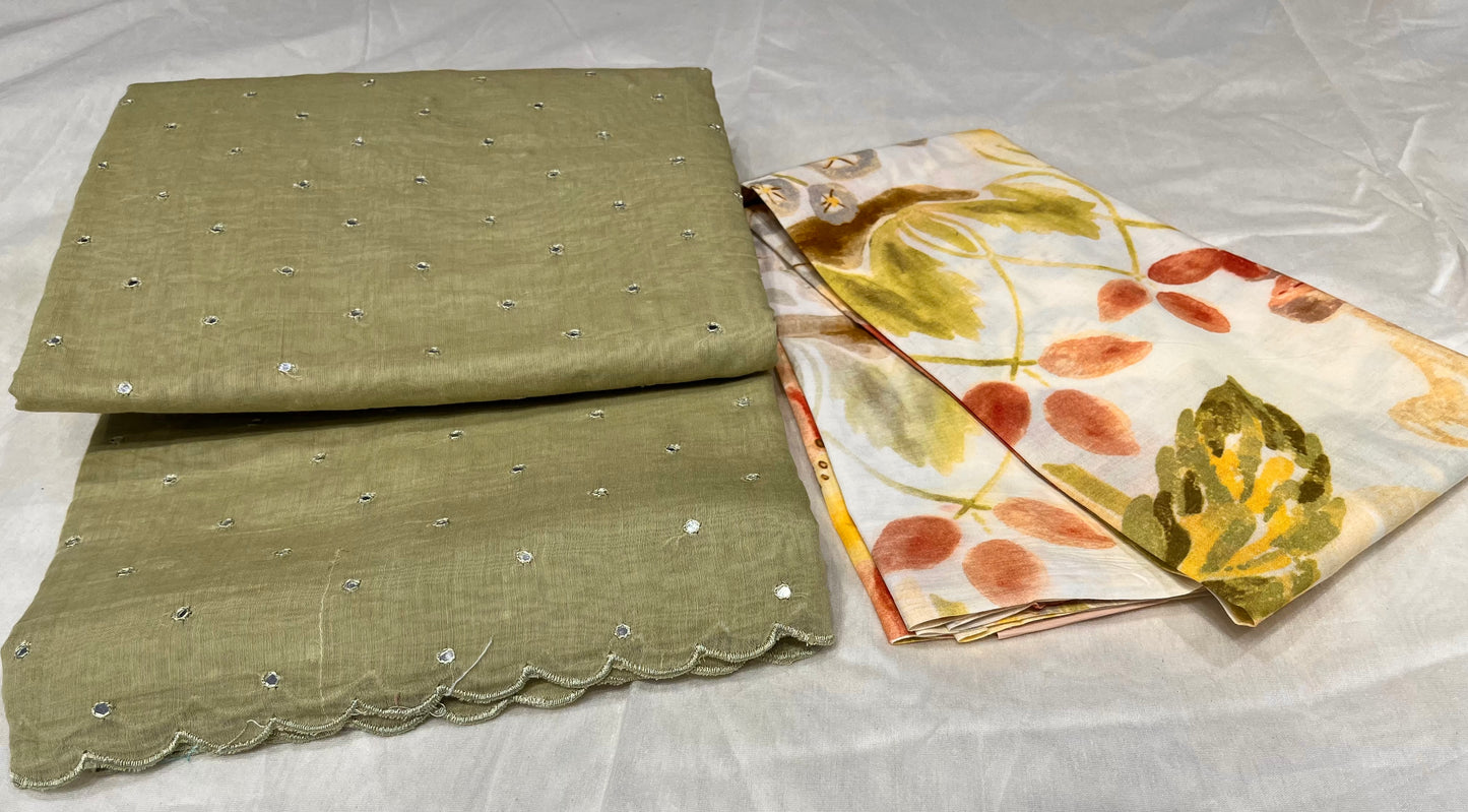 PASTEL GREEN COLOUR COTTON SILK MIRROR WORK SCALLOPED BORDER SAREE WITH PRINTED BLOUSE