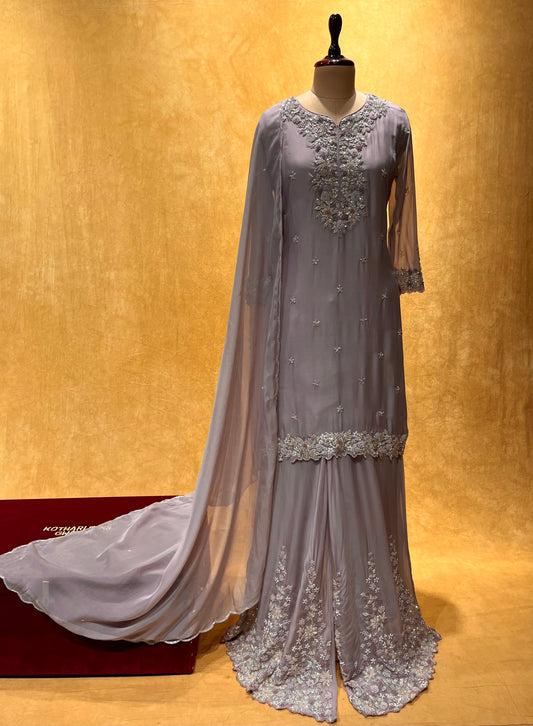 MAUVE COLOUR ORGANZA PALAZZO SUIT EMBELLISHED WITH CUTDANA & SEQUINS WORK