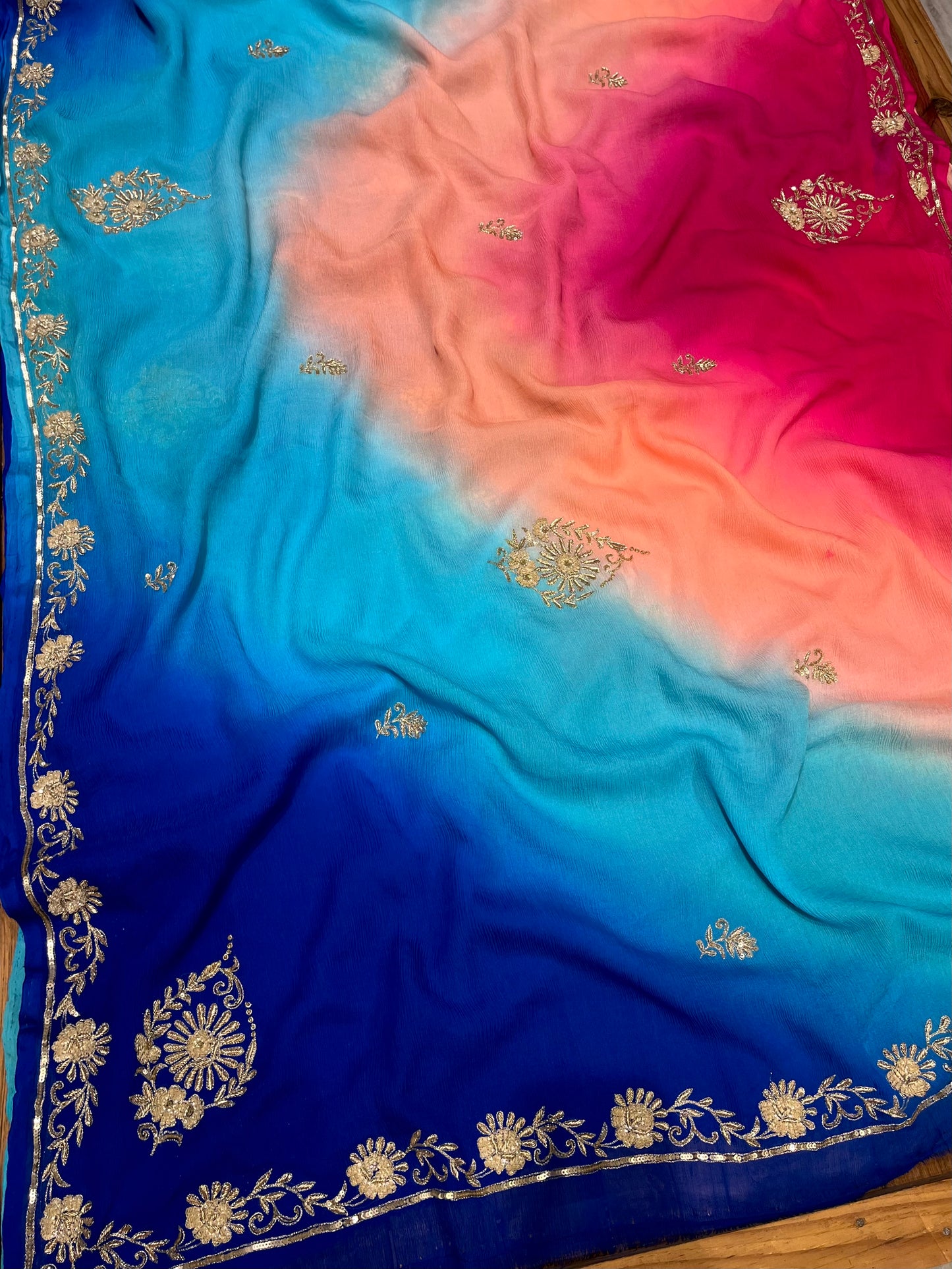 SHADED PLATINUM CHIFFON HAND EMBROIDERED SAREE WITH CREPE SILK BLOUSE EMBELLISHED WITH SEQUINS & ZARDOZI WORK