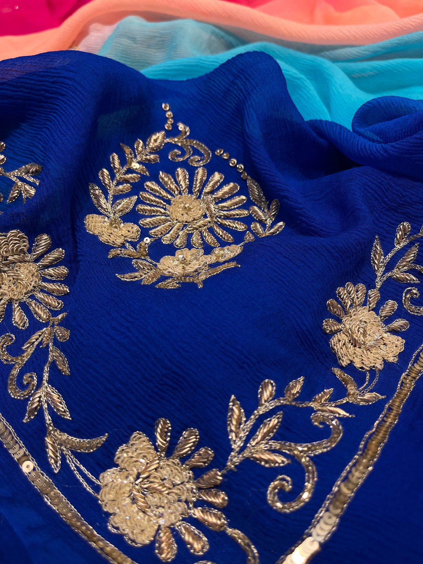 SHADED PLATINUM CHIFFON HAND EMBROIDERED SAREE WITH CREPE SILK BLOUSE EMBELLISHED WITH SEQUINS & ZARDOZI WORK