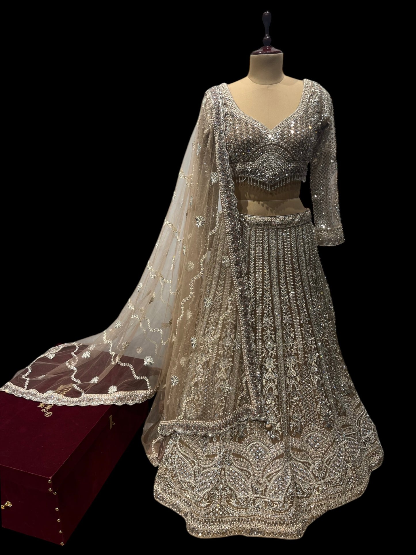 GOLDEN READYMADE CROPTOP LEHENGA EMBELLISHED WITH SEQUINS, DIAMONDS BEADS