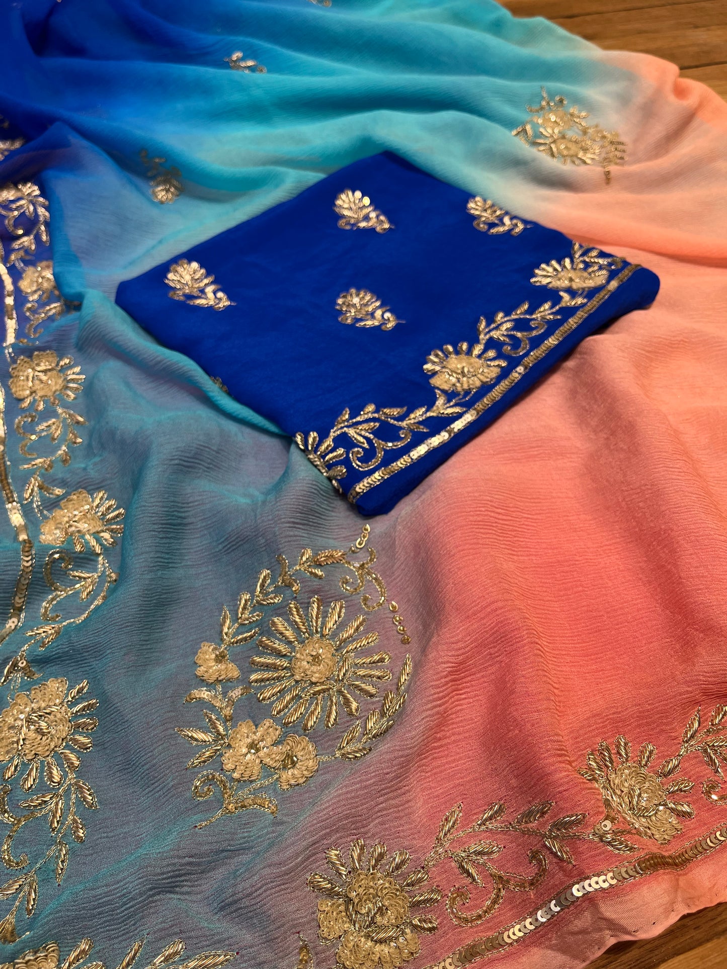 SHADED PLATINUM CHIFFON HAND EMBROIDERED SAREE WITH CREPE SILK BLOUSE EMBELLISHED WITH SEQUINS & ZARDOZI WORK