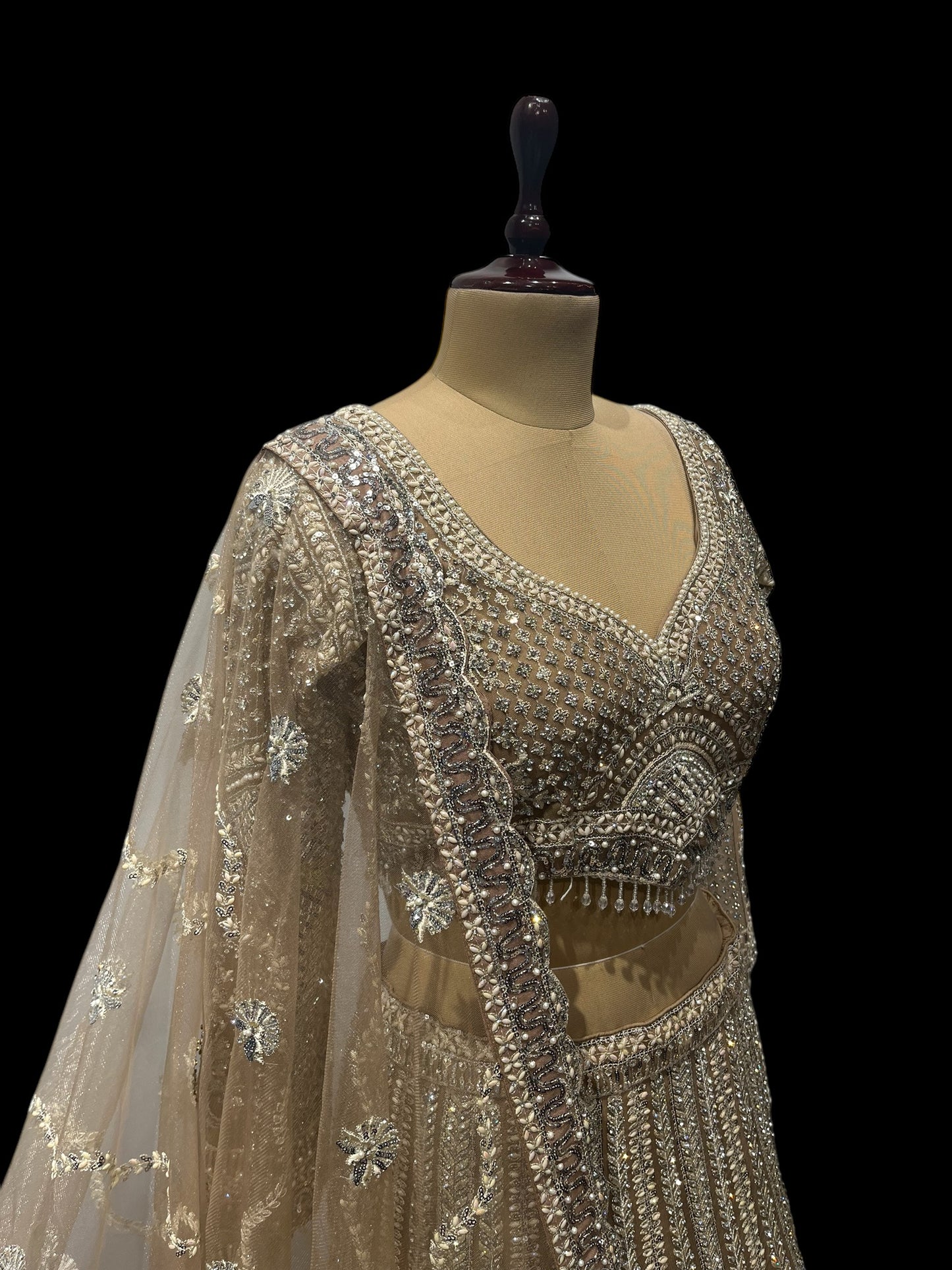 GOLDEN READYMADE CROPTOP LEHENGA EMBELLISHED WITH SEQUINS, DIAMONDS BEADS