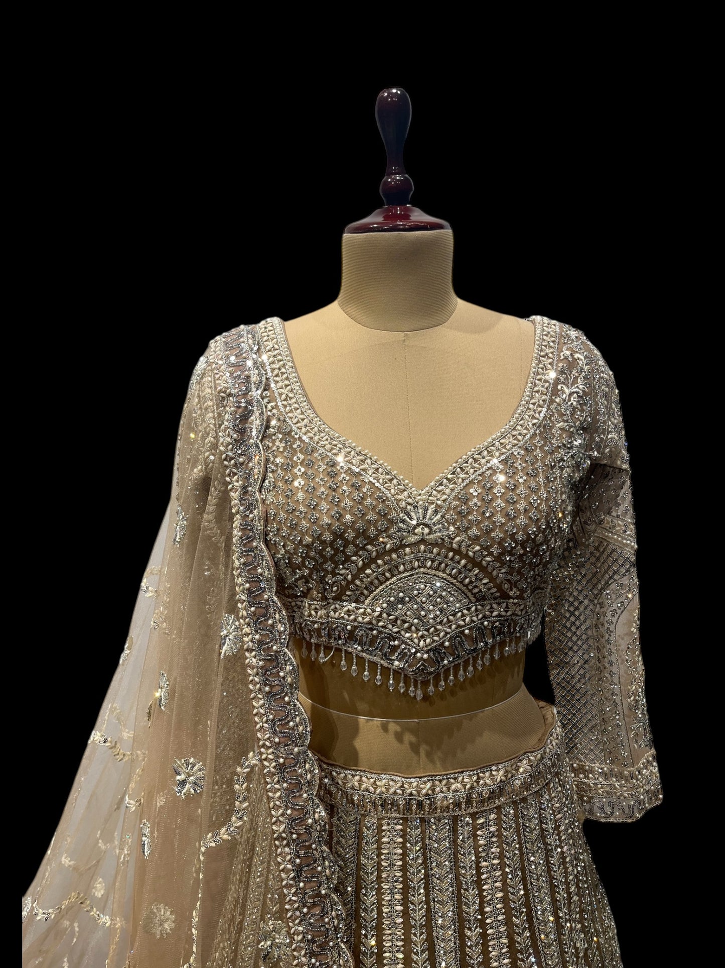 GOLDEN READYMADE CROPTOP LEHENGA EMBELLISHED WITH SEQUINS, DIAMONDS BEADS