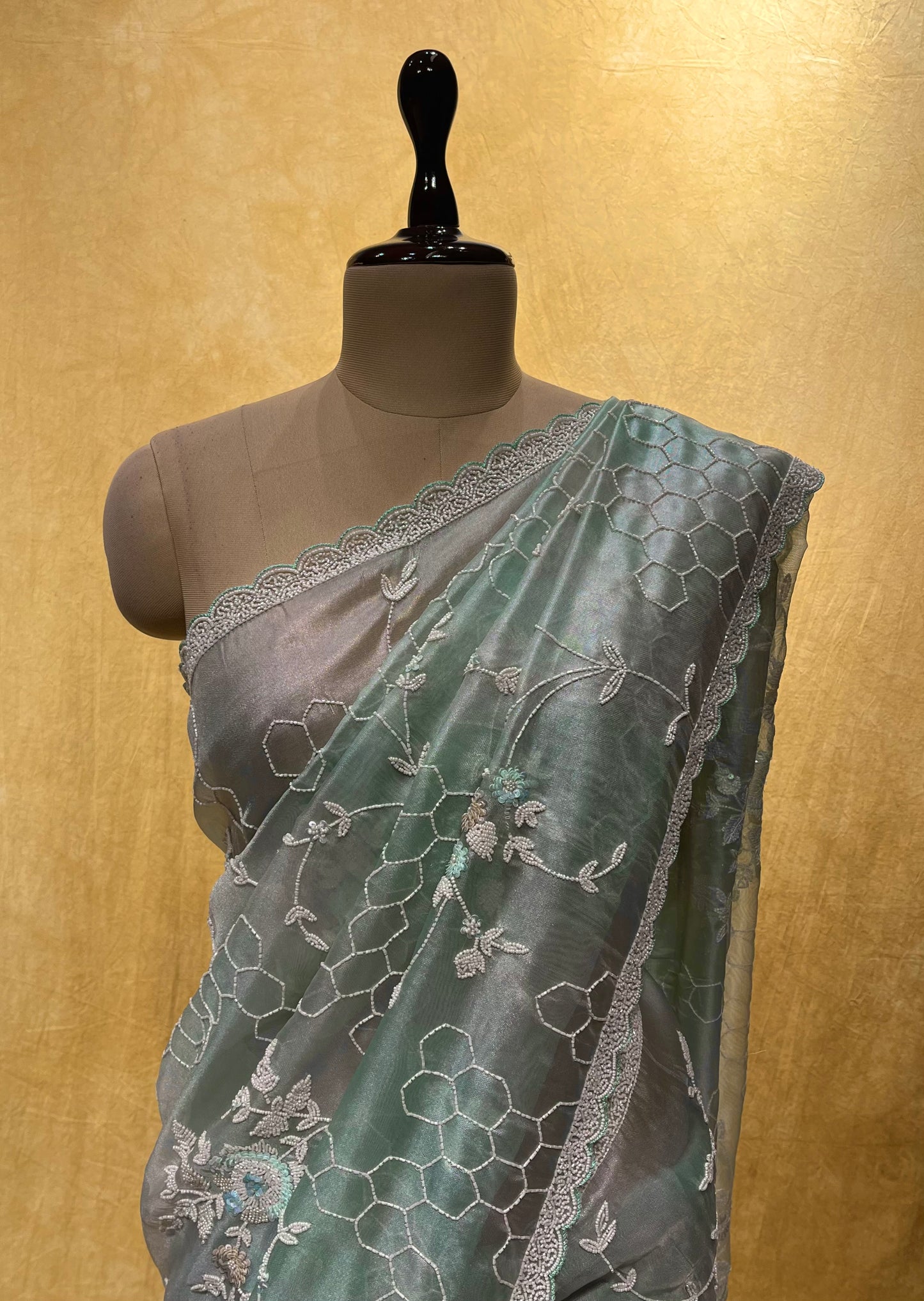 SEA GREEN COLOUR ORGANZA TISSUE HAND EMBROIDERED SAREE EMBELLISHED WITH BEADS & SEQUINS WORK