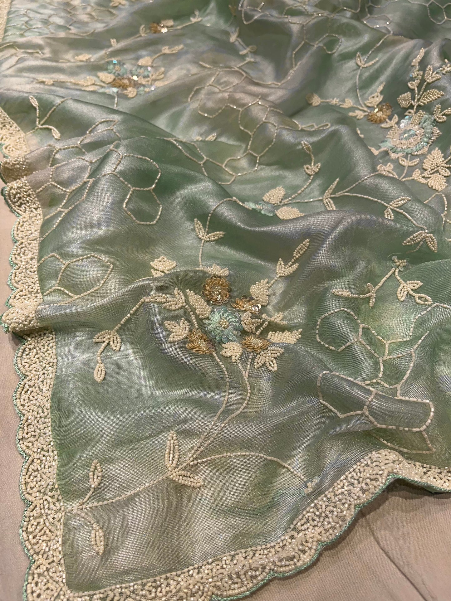 SEA GREEN COLOUR ORGANZA TISSUE HAND EMBROIDERED SAREE EMBELLISHED WITH BEADS & SEQUINS WORK