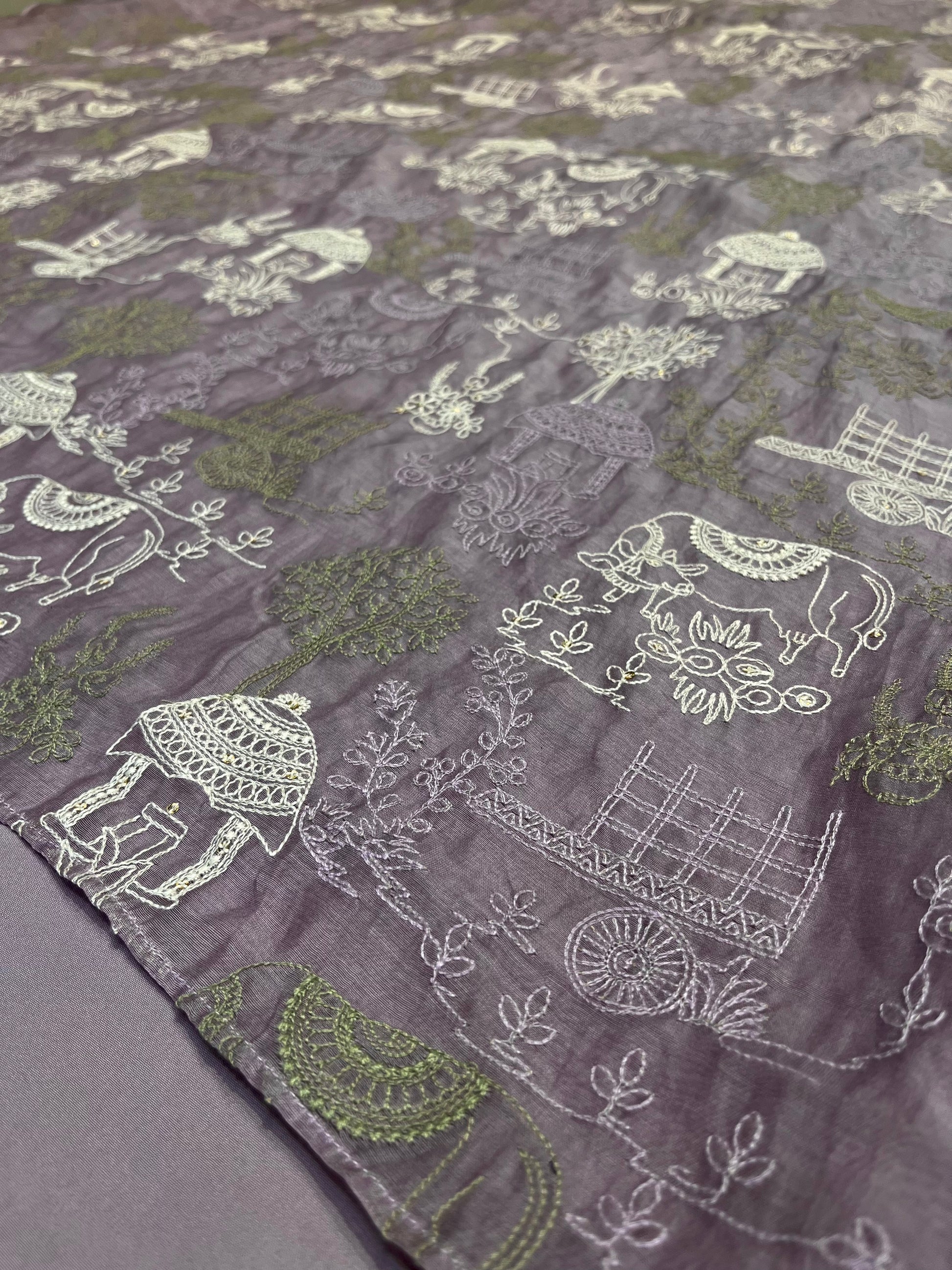 LAVENDER COLOUR MUL CHANDERI EMBROIDERED UNSTITCHED CO-ORD SET EMBELLISHED WITH RESHAM WORK BY SIDDHAIKA - Kothari Sons