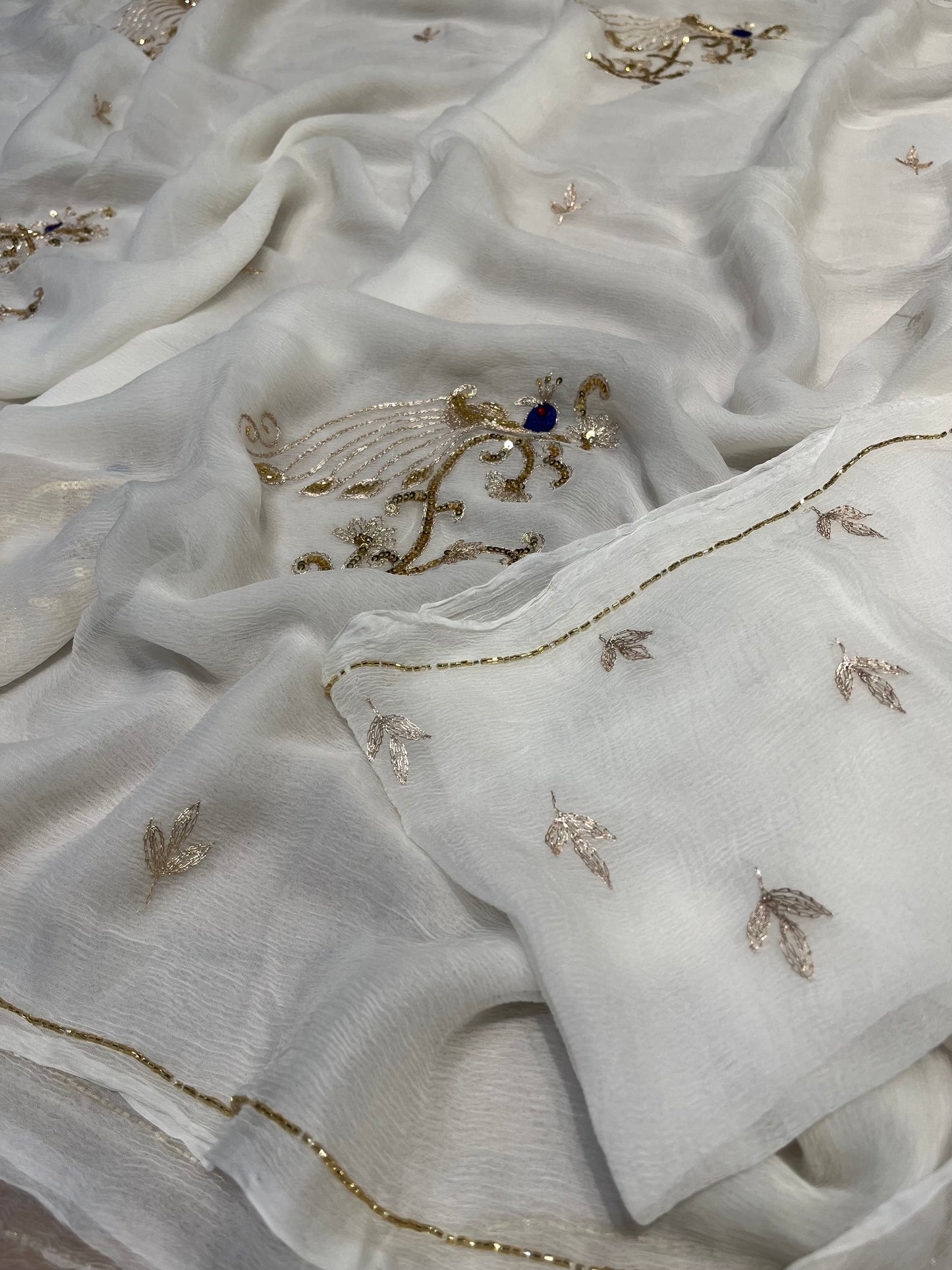 WHITE COLOUR EMBROIDERED CHIFFON SAREE WITH CHINON BLOUSE EMBELLISHED WITH AARI & SEQUINS WORK