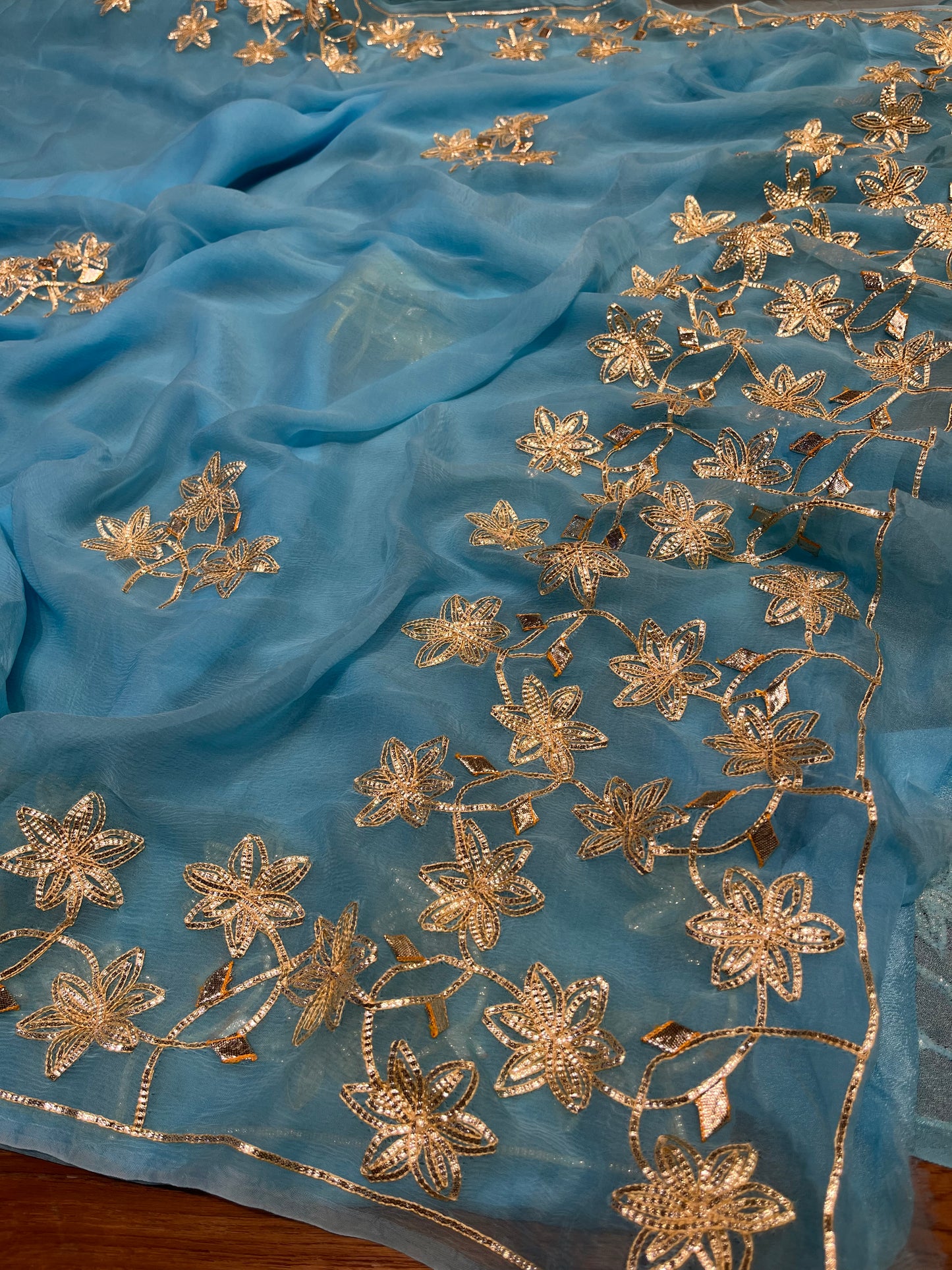SKY BLUE CHIFFON GOTA PATTI WORK SAREE WITH MATCHING BLOUSE ( DELIVERY IN 25 DAYS ) - Kothari Sons