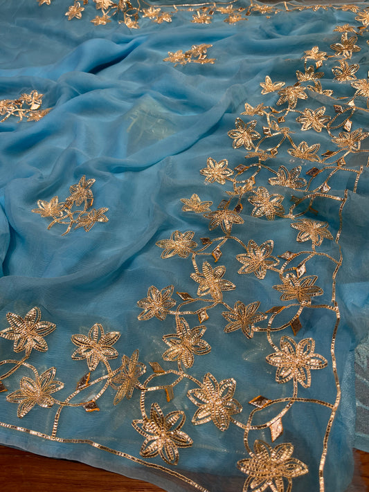 SKY BLUE CHIFFON GOTA PATTI WORK SAREE WITH MATCHING BLOUSE ( DELIVERY IN 25 DAYS ) - Kothari Sons