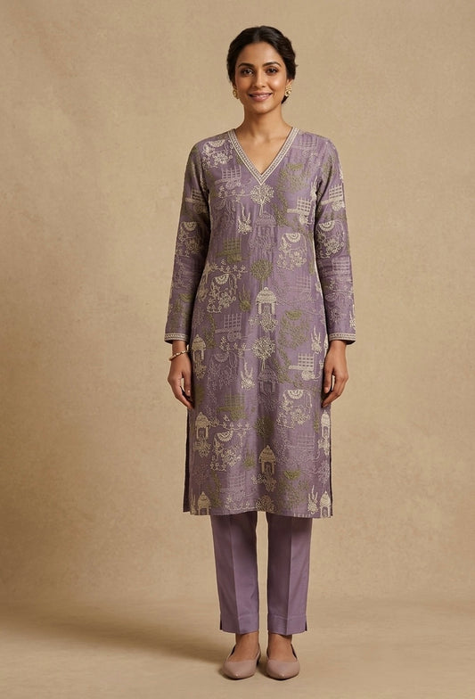 LAVENDER COLOUR MUL CHANDERI EMBROIDERED UNSTITCHED CO-ORD SET EMBELLISHED WITH RESHAM WORK BY SIDDHAIKA - Kothari Sons