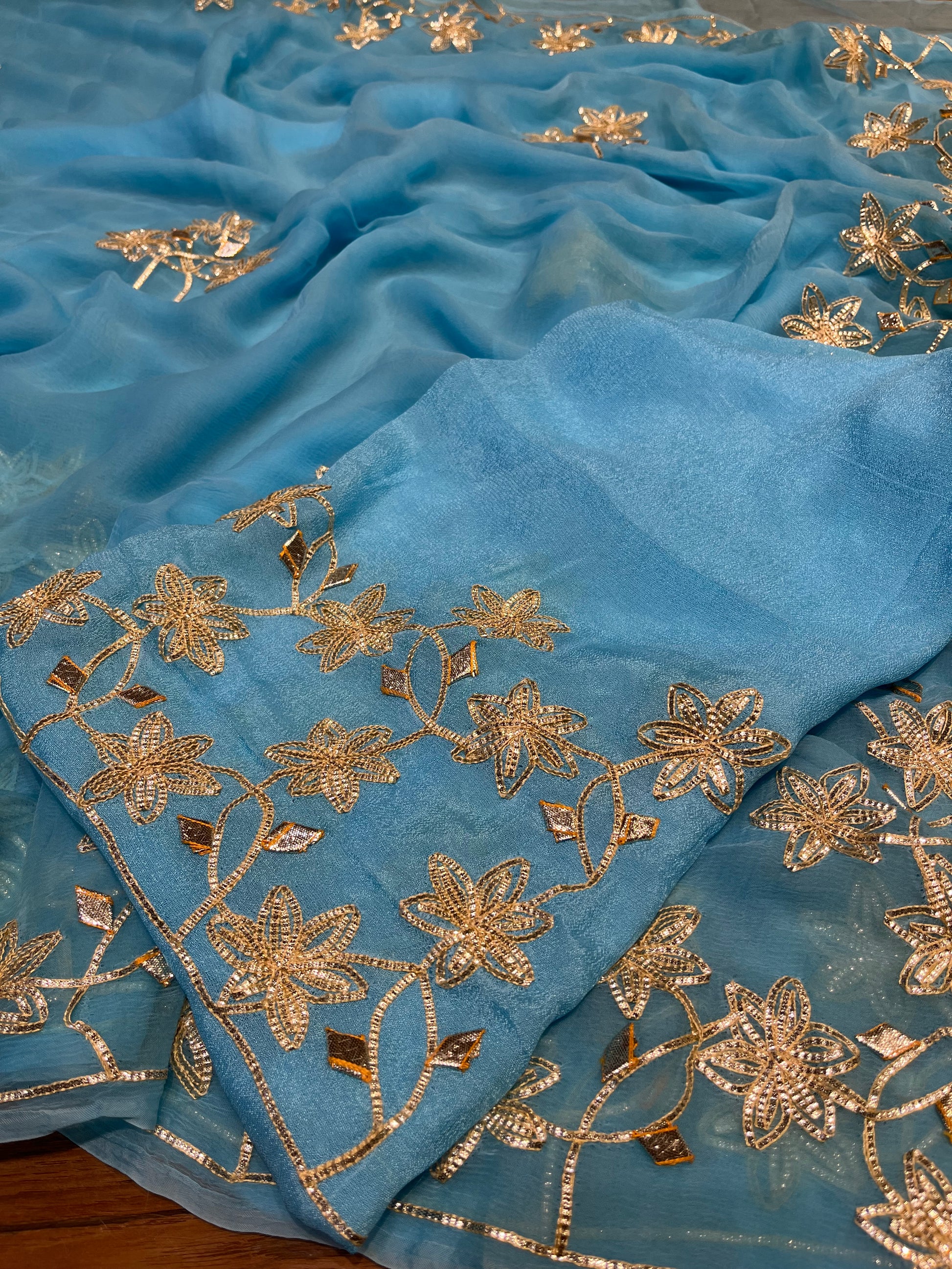 SKY BLUE CHIFFON GOTA PATTI WORK SAREE WITH MATCHING BLOUSE ( DELIVERY IN 25 DAYS ) - Kothari Sons