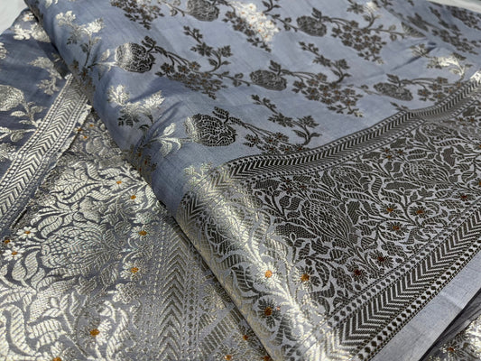 GREY COLOUR BANARASI SILK SAREE EMBELLISHED WITH ZARI WEAVES