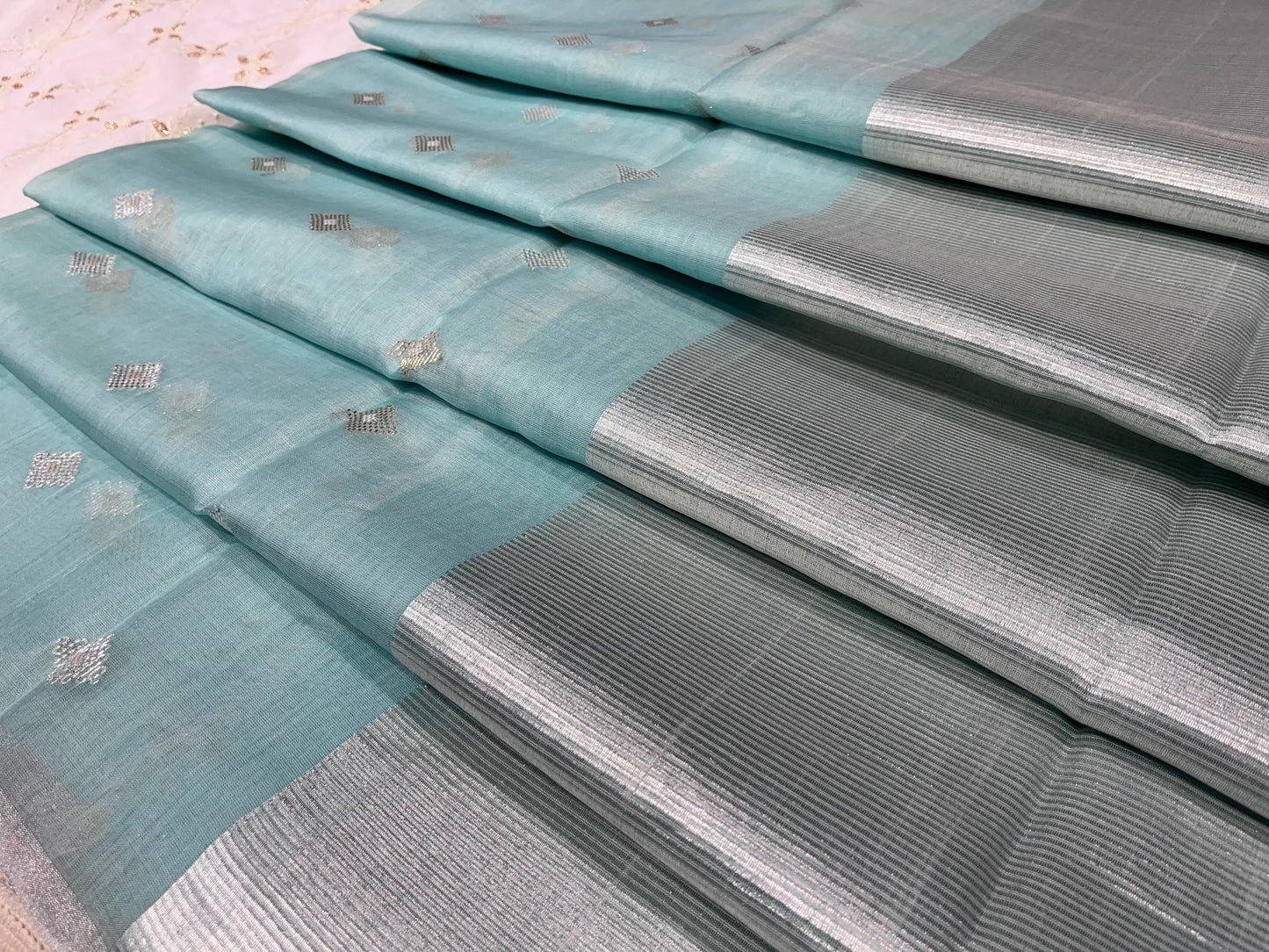 ( DELIVERY IN 25 DAYS ) AQUA COLOUR PURE CHANDERI SAREE WITH ZARI WEAVES