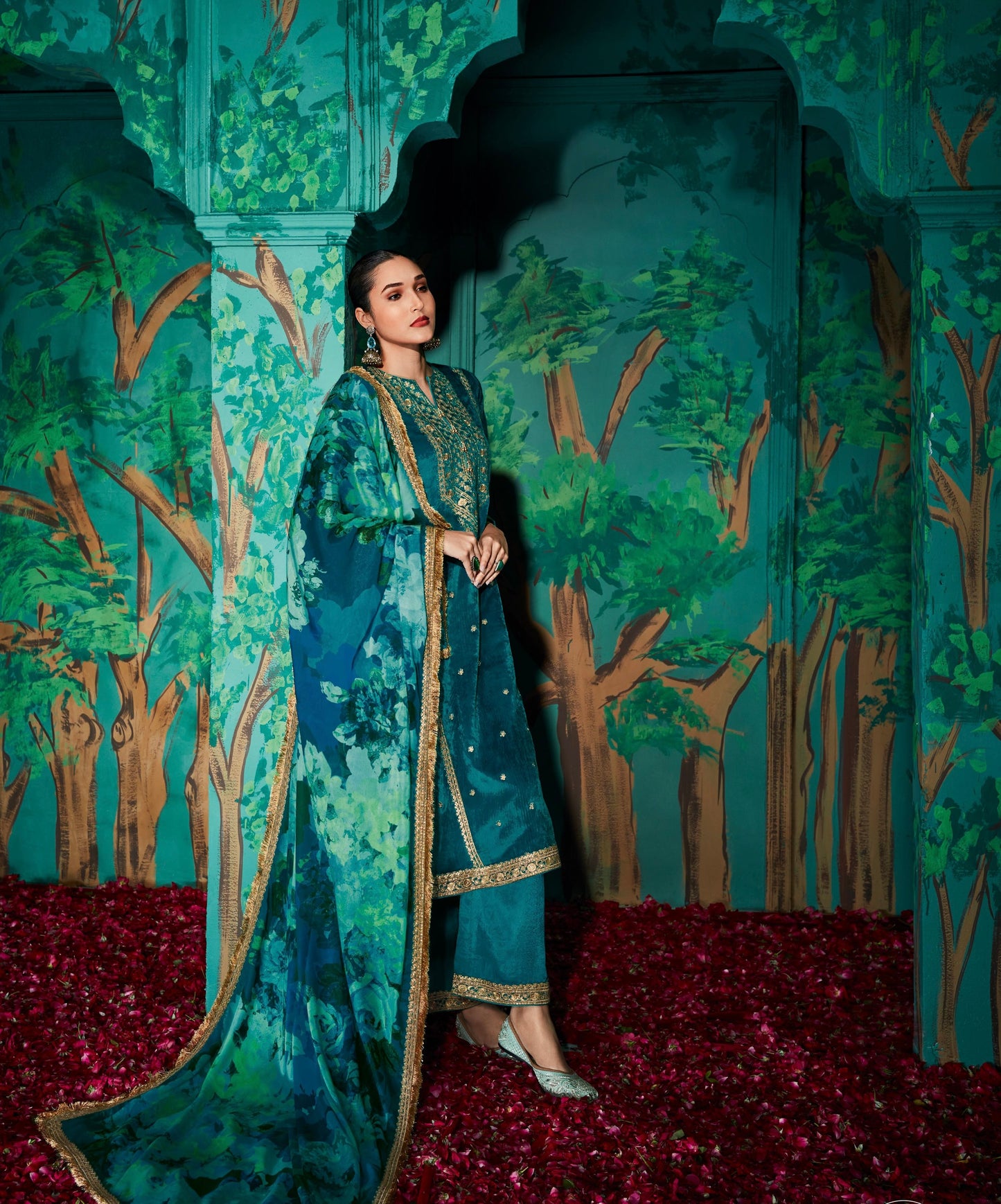 Unstiched Teal Blue velvet kurta with floral chinnon, lace border Dupatta & unstiched bottom fabric with lace border.