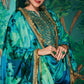 Unstiched Teal Blue velvet kurta with floral chinnon, lace border Dupatta & unstiched bottom fabric with lace border.