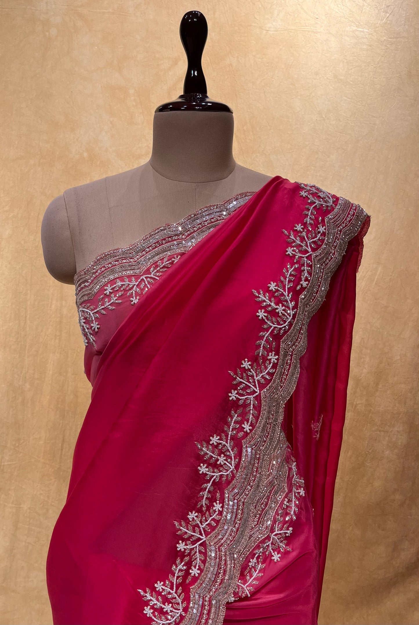 ( DELIVERY IN 20 DAYS ) PINK COLOUR SHADED ORGANZA HAND EMBROIDERED SAREE EMBELLISHED WITH SEQUINS, CUTDANA & BEADS WORK
