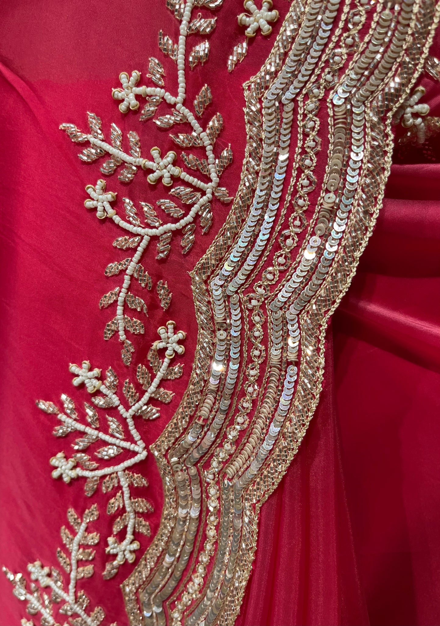 ( DELIVERY IN 20 DAYS ) PINK COLOUR SHADED ORGANZA HAND EMBROIDERED SAREE EMBELLISHED WITH SEQUINS, CUTDANA & BEADS WORK