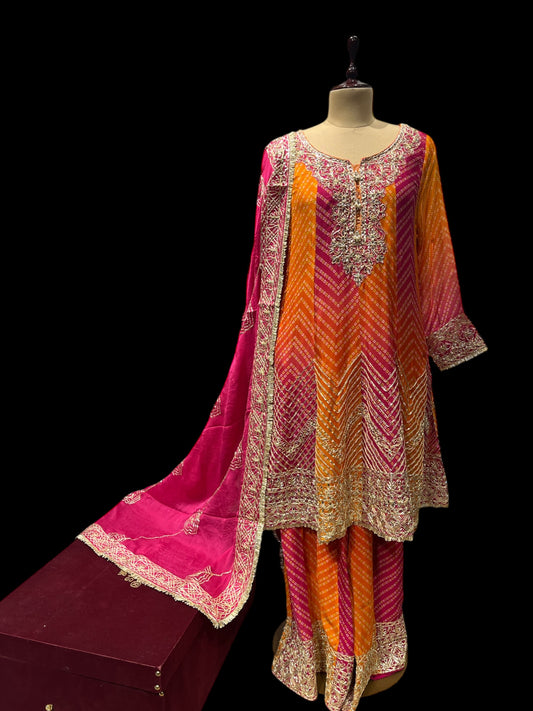 ORANGE COLOR, CHINON FABRIC SHARARA SUIT TRADITIONAL GOTA PATTI WORK