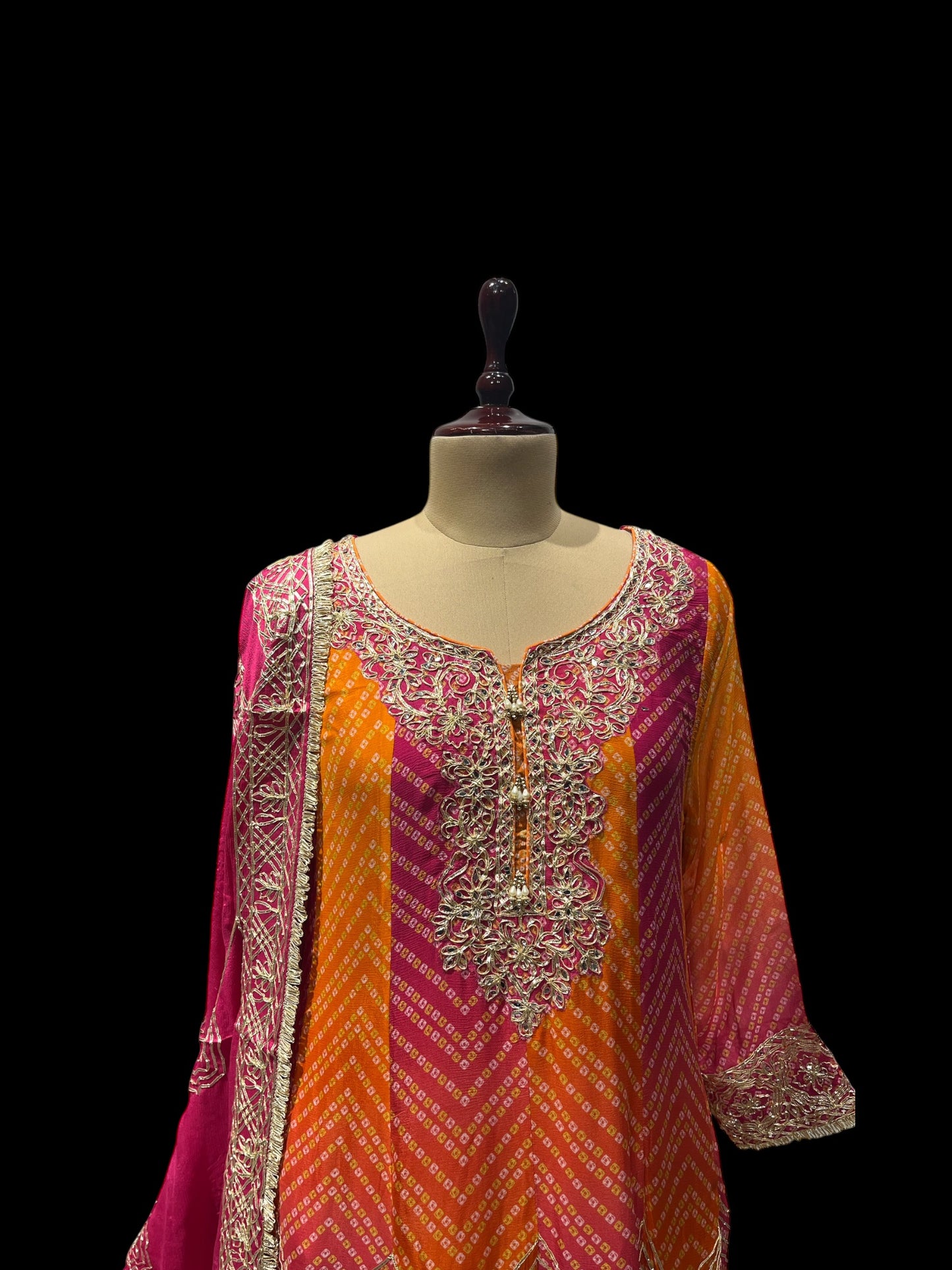 ORANGE COLOR, CHINON FABRIC SHARARA SUIT TRADITIONAL GOTA PATTI WORK