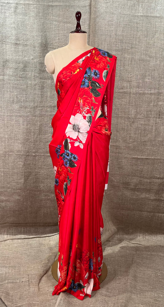 RED COLOUR PURE SATIN SILK PRINTED SAREE