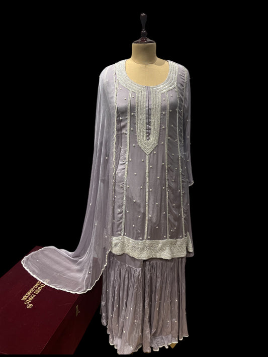 LAVENDER COLOR CHINON SHARARA SUIT WITH PEARL WORK