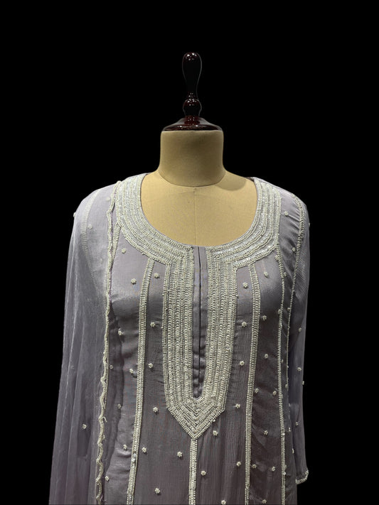 LAVENDER COLOR CHINON SHARARA SUIT WITH PEARL WORK