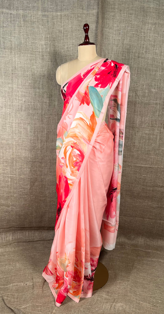 PEACH COLOUR PURE SATIN SILK PRINTED SAREE